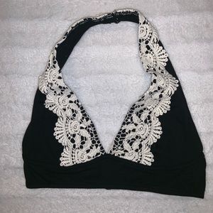 OutFromUnder Black Halter Floral Crochet Bralette